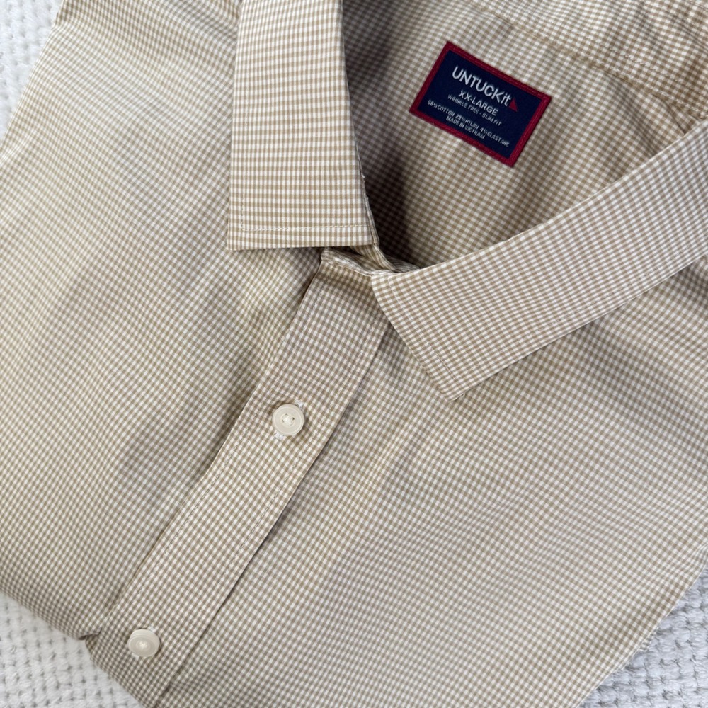 UNTUCKit Kleinwood-Tan Gingham Shirt XXL Slim Fit Wrinkle Free 42130 Tan White